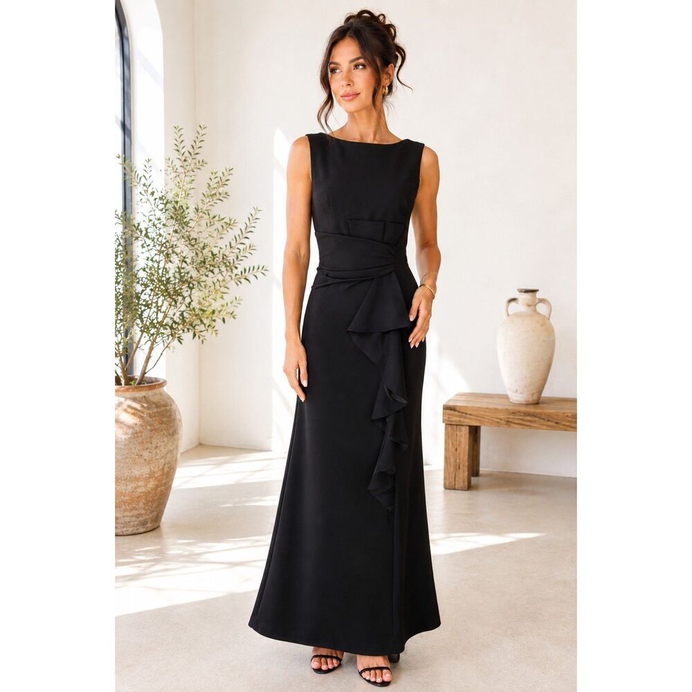 Betsy And Adam Black Side Ruched Drape Sleeveless Formal Colum Dress Gown 6
